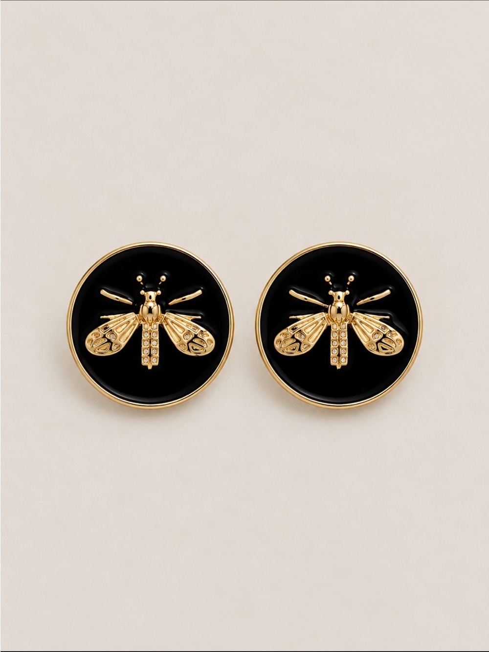 New! Classic Black Gold Bee Coin Old Money Statement Earrings NWOT